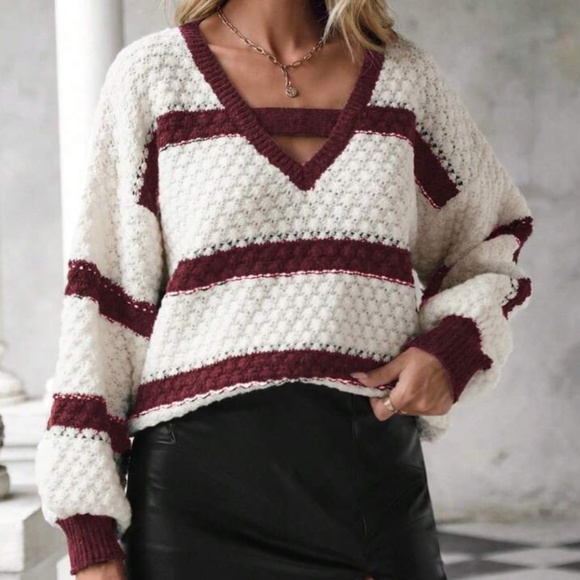 Cozy V neck Oversized Color Block Sweater Top